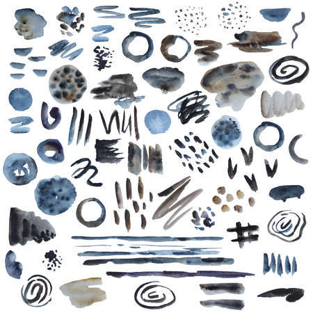 Big set of 60 watercolor painted abstract design elements, isolated on white background in indigo, brown and gray colors. High quality painting.の写真素材
