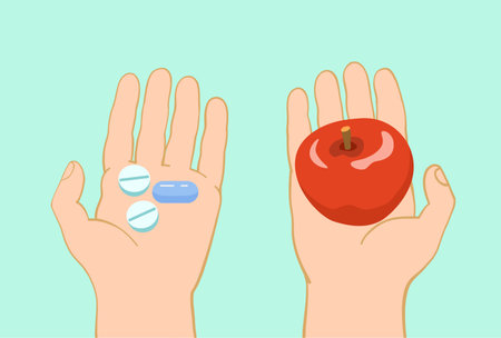 Two hands, one holding an apple and the other holding a pill. Conceptual vector illustration on the topic of a healthy lifestyle. Vector illustrationのイラスト素材