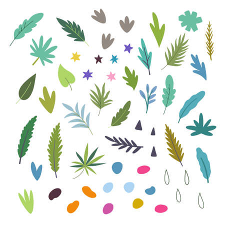 Cute abstract simple colorful doodle plants and flowers isolated on white background. Vector illustrationのイラスト素材