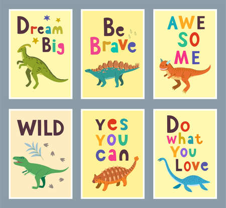 Collection of children posters with cute hand drawn colorful Dino and motivations and funny quotes for interior design, wall art and greeting cards. Vector illustrationのイラスト素材