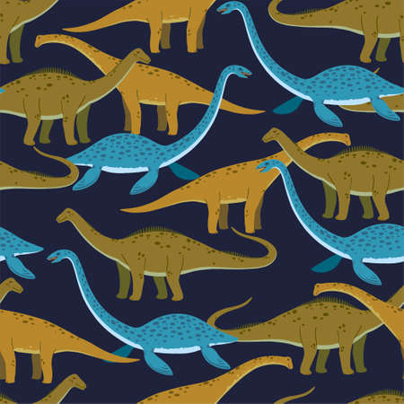Seamless pattern with cute cartoon doodle dinosaurs, diplodocus, giraffe titan and plesiosaur. Adorable children design. Vector illustrationのイラスト素材