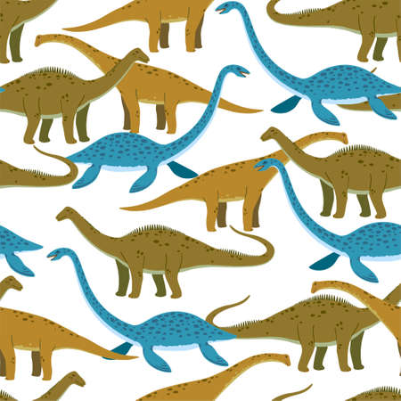 Seamless pattern with cute cartoon doodle dinosaurs, diplodocus, giraffe titan and plesiosaur. Adorable children design. Vector illustrationのイラスト素材