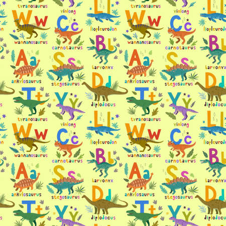 Seamless pattern with cute cartoon doodle dinosaurs, nature elements and hand drawn letters. Adorable children design.のイラスト素材
