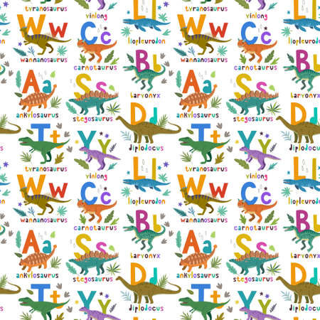 Seamless pattern with cute cartoon doodle dinosaurs, nature elements and hand drawn letters. Adorable children design.のイラスト素材