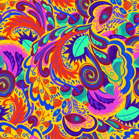 Colorful seamless pattern with crazy psychedelic organic abstract elements, print with plant and mushrooms motifs and bright neon colors . Vector illustrationのイラスト素材