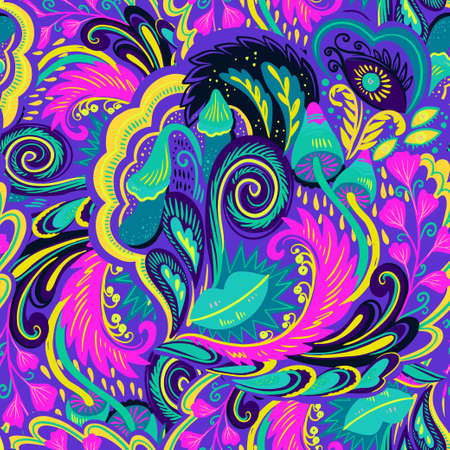 Colorful seamless pattern with crazy psychedelic organic abstract elements, print with plant and mushrooms motifs and bright neon colors . Vector illustrationのイラスト素材