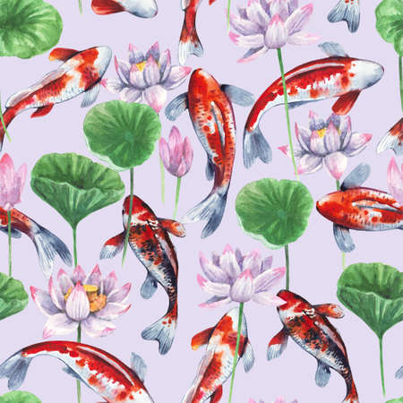 Bright seamless pattern with lotus and koi fish watercolor elements. Background in Japanese oriental style. . High quality paintingの写真素材