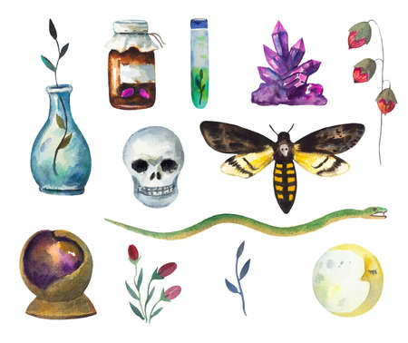 Set of magic and mystic watercolor elements isolated on white background. High quality paintingの写真素材