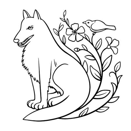 Cute cartoon wolf sitting near the blooming shrub with little bird on the branch. Vector zentangl coloring antistress book for adults and children. Black and white illustration. Vector illustrationのイラスト素材