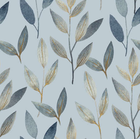 Watercolor seamless pattern with golden shimmering abstract plants and leaves for fabric and design. High quality illustrationの写真素材