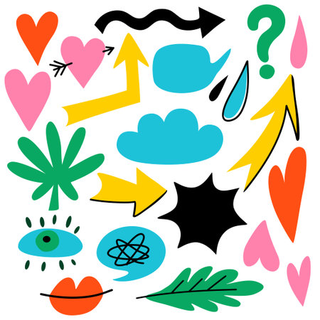 Set of hand drawn doodle colorful design elements. Abstract simple shapes, hearts, arrows and leaves, isolated on white background. Vector illustrationのイラスト素材