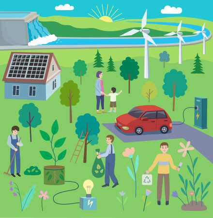 Clean eco energy conceptual vector illustration. Colorful cartoon hand drawn graphic about alternative technologies and energy of future.のイラスト素材