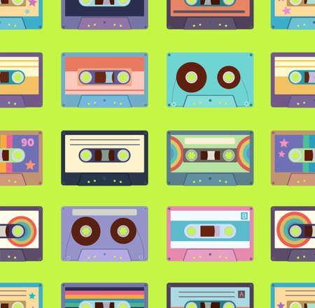 Seamless pattern with colorful cassette tapes. Retro trendy background for design and accessories. Vector illustrationのイラスト素材