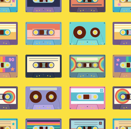 Seamless pattern with colorful cassette tapes. Retro trendy background for design and accessories. Vector illustrationのイラスト素材