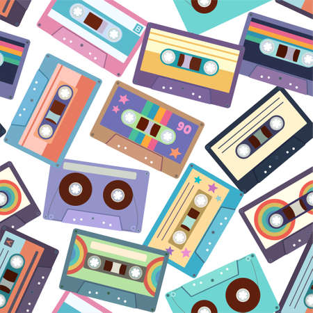 Seamless pattern with colorful cassette tapes. Retro trendy background for design and accessories. Vector illustrationのイラスト素材