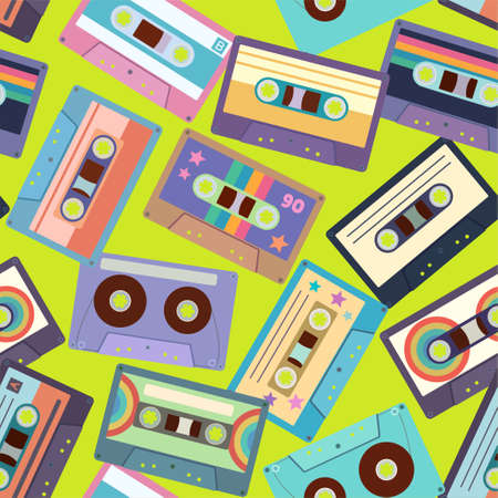 Seamless pattern with colorful cassette tapes. Retro trendy background for design and accessories. Vector illustrationのイラスト素材
