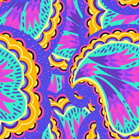 Funky colorful seamless psychedelic pattern for design and decoration. Vector hand drawn illustrationのイラスト素材