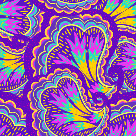Funky colorful seamless psychedelic pattern for design and decoration. Vector hand drawn illustrationのイラスト素材