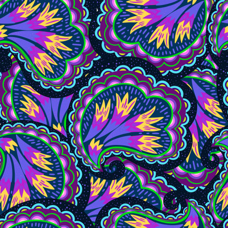 Funky colorful seamless psychedelic pattern for design and decoration. Vector hand drawn illustrationのイラスト素材