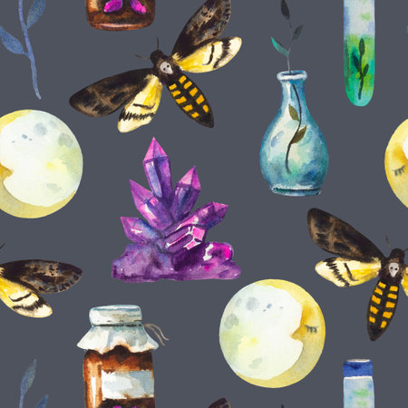 Seamless pattern with magic elements, crystals, moths and alchemy bottles. Watercolor hand drawn illustration. Colorful painting for design and decor.の写真素材