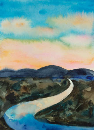 Watercolor landscape with mountains on the horizon, sunset blue and orange sky and winding river. High quality paintingの写真素材