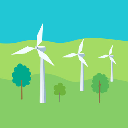Wind turbines. Renewable electro energy sources. Wind power station on green background. Eco energy industrial concept. Vector illustrationのイラスト素材