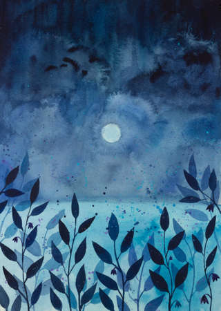Watercolor abstract background with cloudy night sky, moon and dark leaves. Mysterious fairy illustration for postcards and design. High quality paintingの写真素材