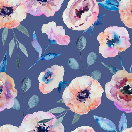 Watercolor seamless pattern with abstract delicate spring garden anemone flowers. High quality paintingの写真素材