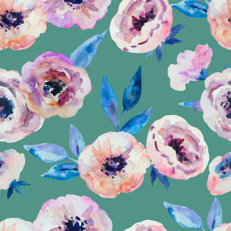 Watercolor seamless pattern with abstract delicate spring garden anemone flowers. High quality paintingの写真素材