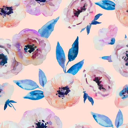 Watercolor seamless pattern with abstract delicate spring garden anemone flowers. High quality paintingの写真素材