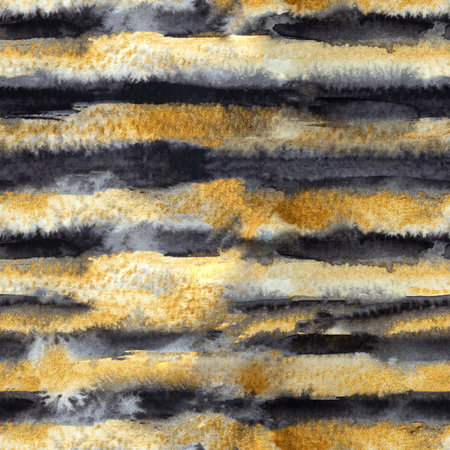 Seamless pattern with abstract luxury golden and black stripes. Hand drawn shimmering watercolor illustration.の写真素材