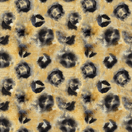 Golden abstract seamless pattern with leopard skin spots. Watercolor hand drawn fashion print. High quality design background.の写真素材