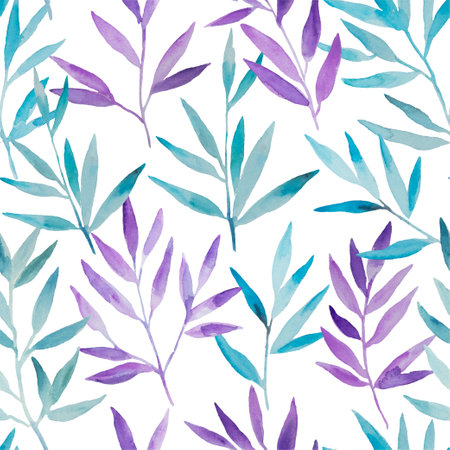 Seamless pattern with watercolor blue and purple branches. Hand painted design print for decor and invitations. High quality illustrationの写真素材