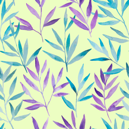Seamless pattern with watercolor blue and purple branches. Hand painted design print for decor and invitations. High quality illustrationの写真素材