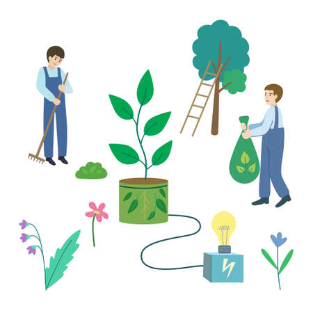 Biomass energy. Renewable clean energy resources. Conceptual vector illustration isolated on white background.のイラスト素材