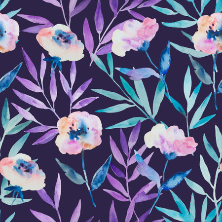 Watercolor seamless pattern with abstract delicate spring garden anemone flowers and tree branches. High quality paintingの写真素材