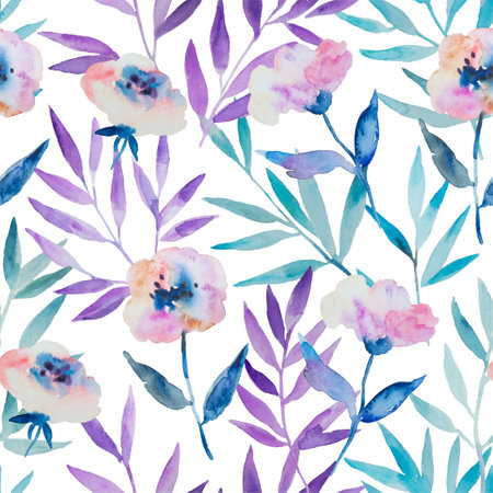 Watercolor seamless pattern with abstract delicate spring garden anemone flowers and tree branches. High quality paintingの写真素材