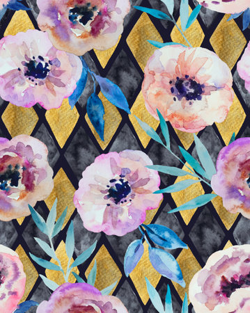Abstract watercolor seamless pattern with golden and black diamonds and anemone flowers. Hand drawn print for fashion and design. High quality illustration.の写真素材