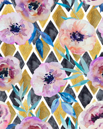 Abstract watercolor seamless pattern with golden and black diamonds and anemone flowers. Hand drawn print for fashion and design. High quality illustration.の写真素材