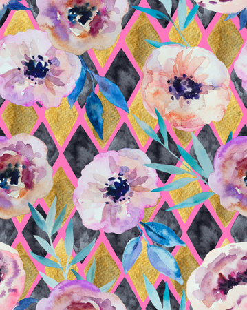 Abstract watercolor seamless pattern with golden and black diamonds and anemone flowers. Hand drawn print for fashion and design. High quality illustration.の写真素材