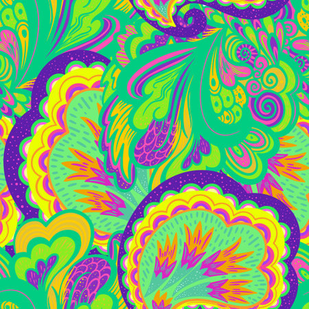 Funky colorful seamless psychedelic pattern for design and decoration. Vector hand drawn illustrationのイラスト素材