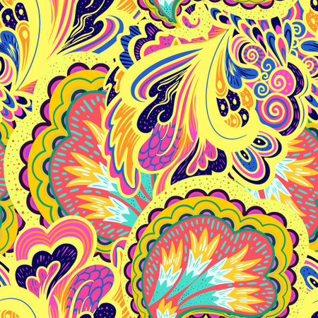 Funky colorful seamless psychedelic pattern for design and decoration. Vector hand drawn illustrationのイラスト素材