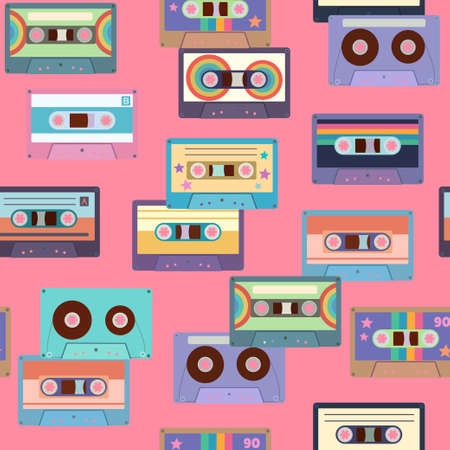 Seamless pattern with colorful cassette tapes. Retro trendy background for design and accessories. Vector illustrationのイラスト素材