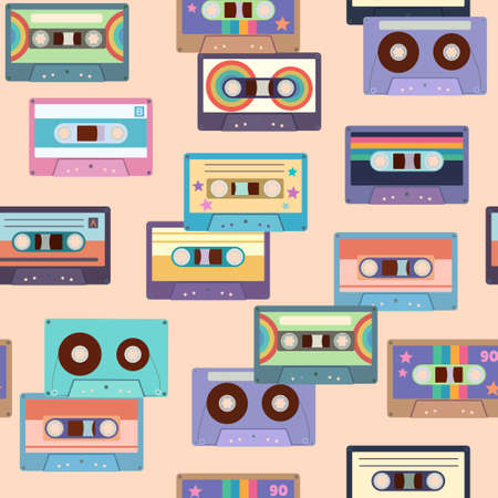 Seamless pattern with colorful cassette tapes. Retro trendy background for design and accessories. Vector illustrationのイラスト素材
