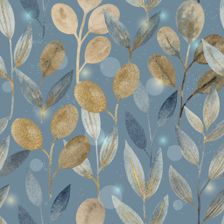 Watercolor fairy seamless pattern with golden shimmering abstract plants and leaves for fabric and design. High quality illustrationの写真素材