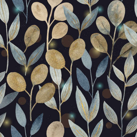 Watercolor fairy seamless pattern with golden shimmering abstract plants and leaves for fabric and design. High quality illustrationの写真素材