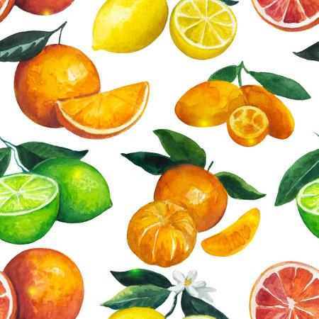 Seamless pattern with citrus fruits on holiday fairy background. Watercolor illustration for design and textile. . High quality illustrationの写真素材
