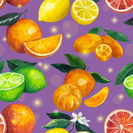 Seamless pattern with citrus fruits on holiday fairy background. Watercolor illustration for design and textile. . High quality illustrationの写真素材