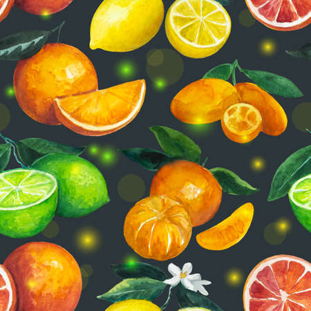 Seamless pattern with citrus fruits on holiday fairy background. Watercolor illustration for design and textile. . High quality illustrationの写真素材