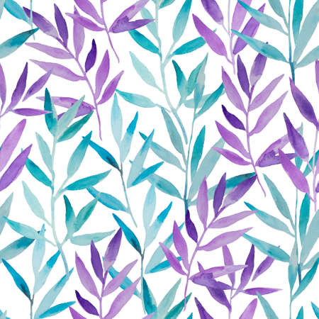 Seamless pattern with watercolor blue and purple branches. Hand painted design print for decor and invitations. High quality illustrationの写真素材
